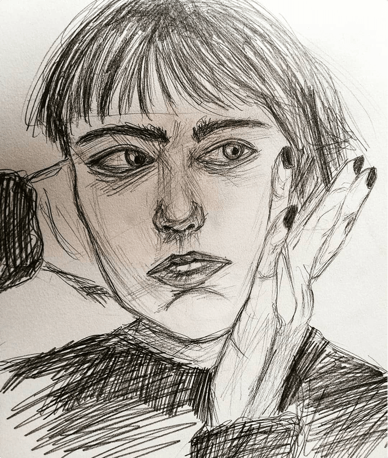 Pencil portrait of a young woman, hand against her cheek